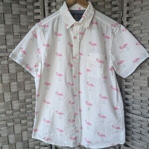 Rugby University White Pink Flamingo Seersucker Short Sleeve Button Up Shirt M